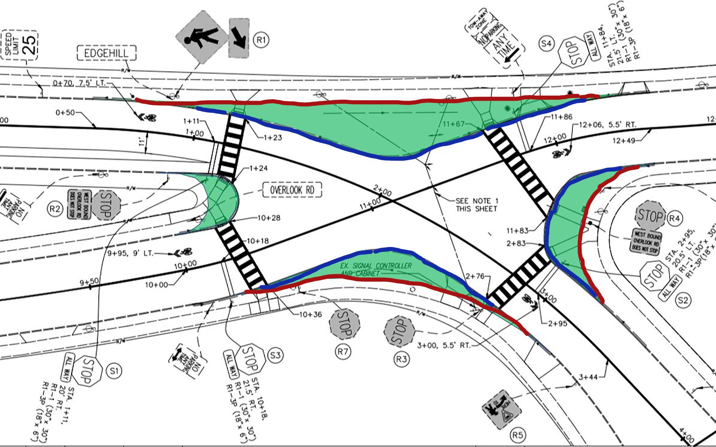 An engineer's rendering showing curb changes to narrow the intersection of Overlook and Edgehill roads in Cleveland Heights.