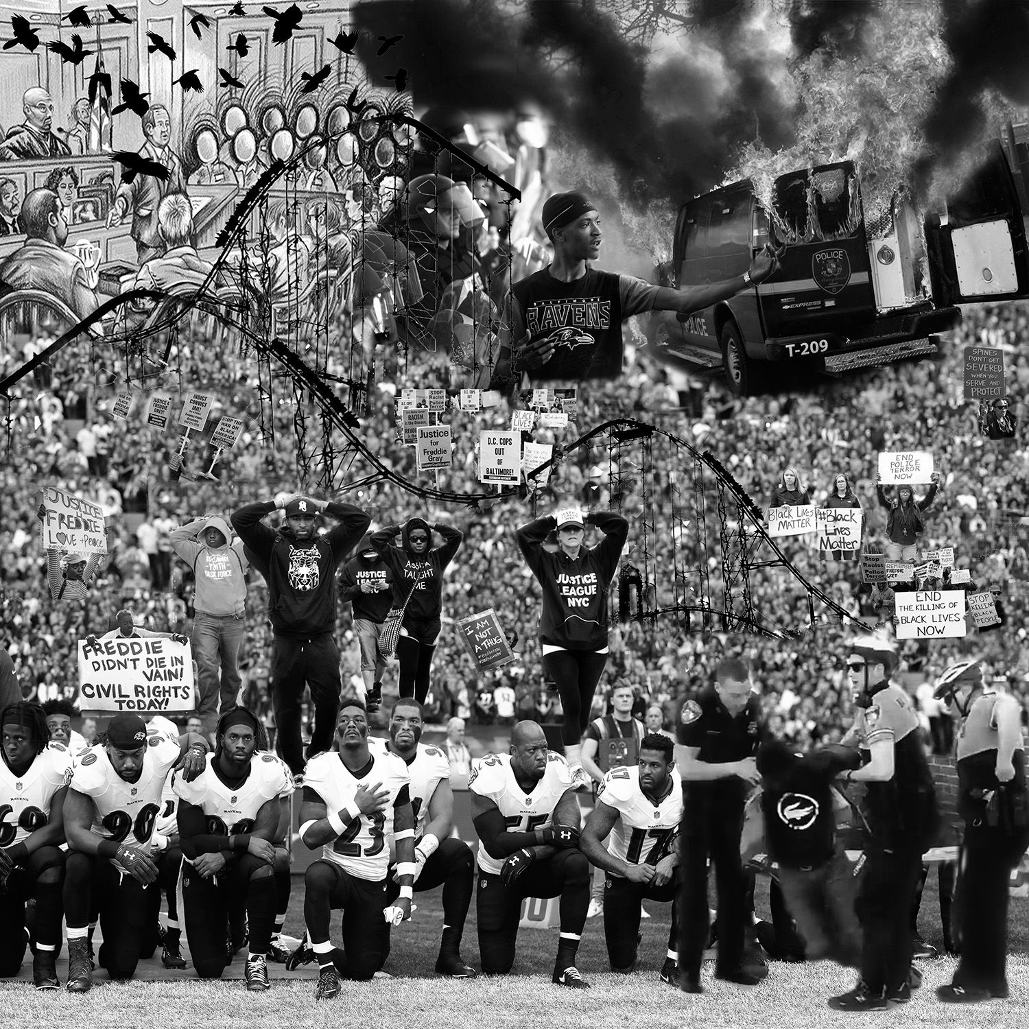 Detail of large-scale work, "Never More, Take a Knee for Freddie Gray" [Omid Tavakoli]