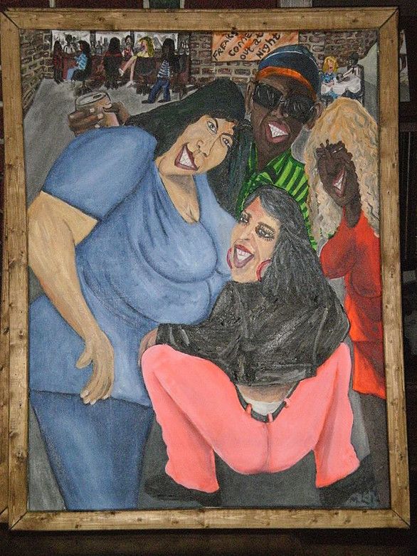 A painting by Michelangelo Lovelace Showing a woman dancing in front of a couple. 