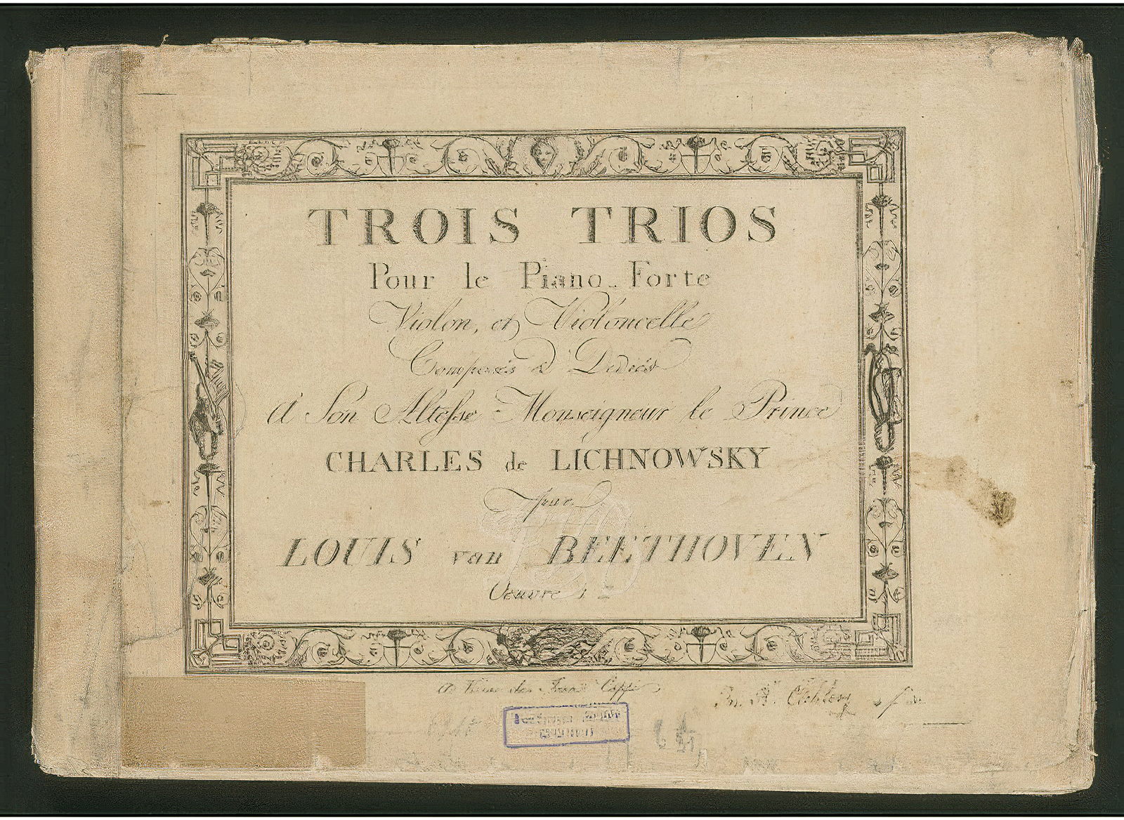 Title page of the first edition of Beethoven piano trios. French calligraphy of the title, dedicatee and the composer.