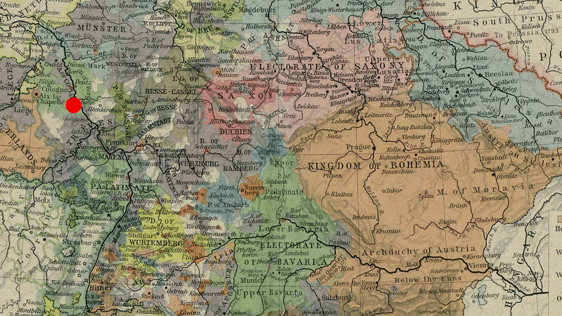 Historical map of central Europe in 1786 with a red line showing Beethoven's journey starting in Bonn and ending in Vienna. 