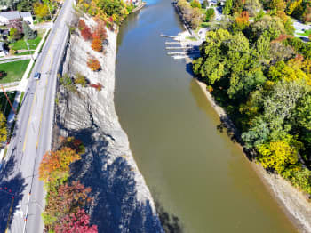 Aerial view of Rocky River and docks on the river.