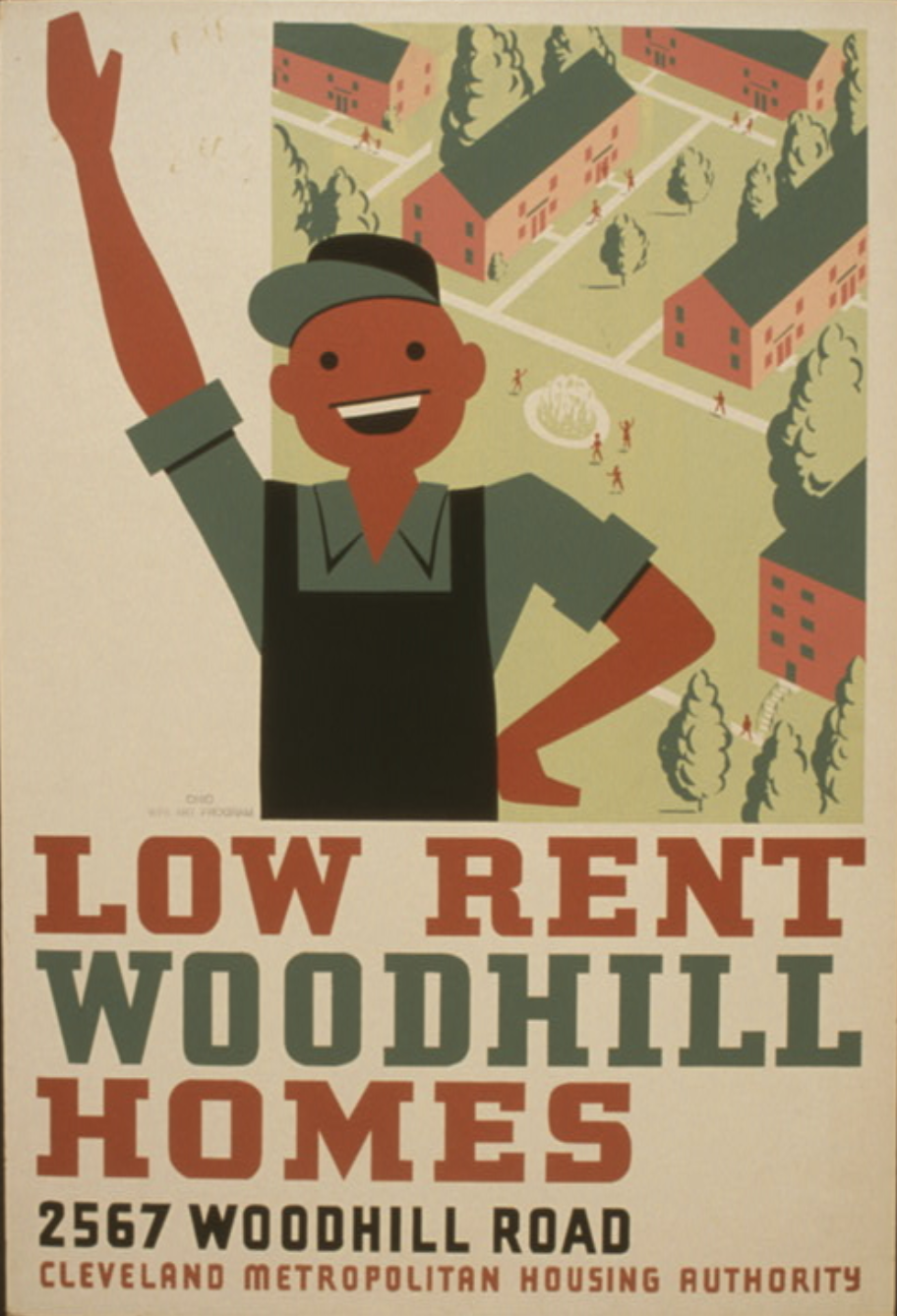 A poster shows an image of a man with his arm raised and the text "Low Rent Woodhill Homes."