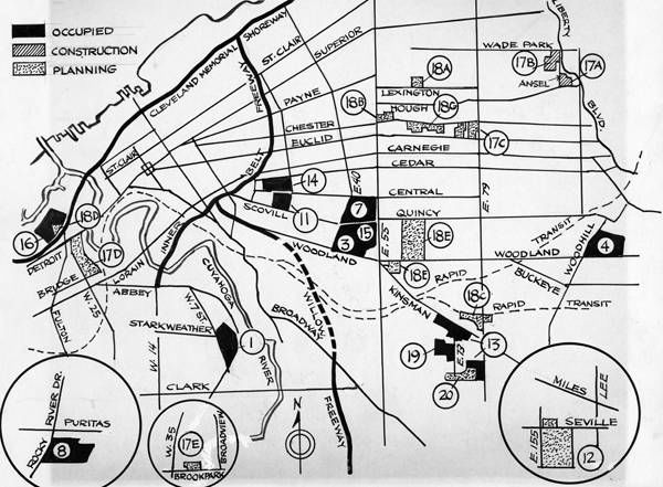 A map from 1961 shows existing and planned public housing developments in Cleveland.