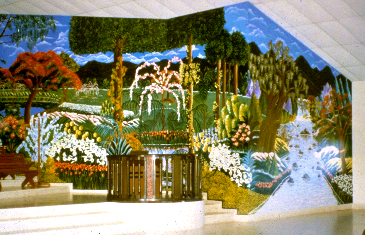 Rivera-Resto's first mural, El Jardin del Eden (The Garden of Eden), surrounds the altar at Iglesia Fuente de Salvación Misionera Inc. located in el bario Lijas de Las Piedras, Puerto Rico.